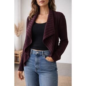 Eileen Fisher L Silk Cotton Ribbed Draped Open Front Cropped Cardigan Plum
